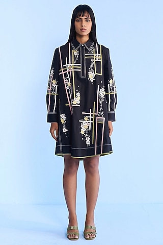 Black Cotton Flared Shirt Dress by Nakateki