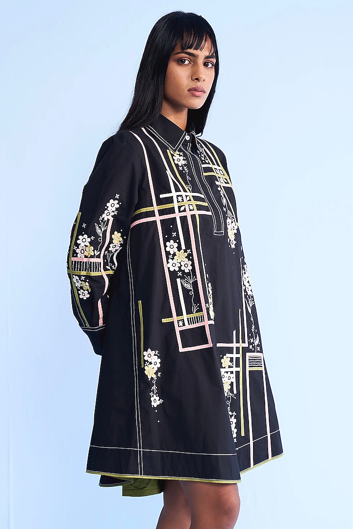 Black Cotton Flared Shirt Vacation Dress by Nakateki at Pernia's Pop Up Shop