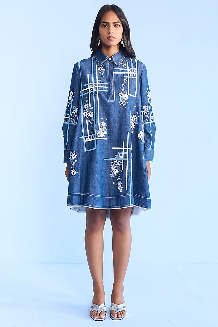 Blue Denim 3D Floral Embroidered Mini Dres by Nakateki at Pernia's Pop Up Shop