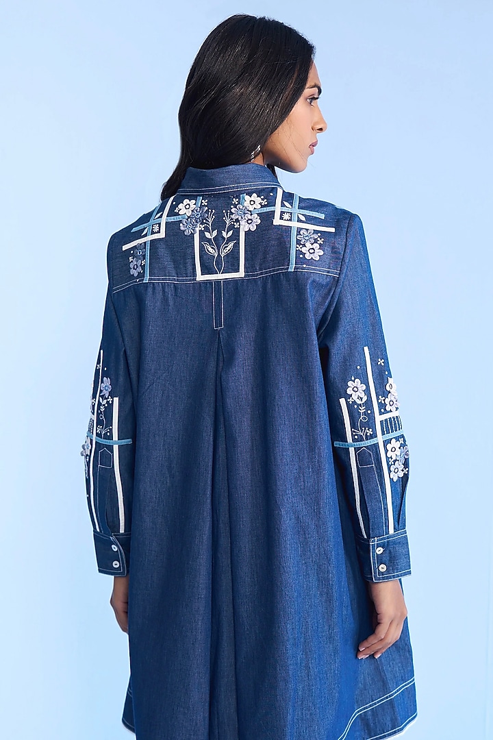 Blue Denim 3D Floral Embroidered Mini Dres by Nakateki at Pernia's Pop Up Shop