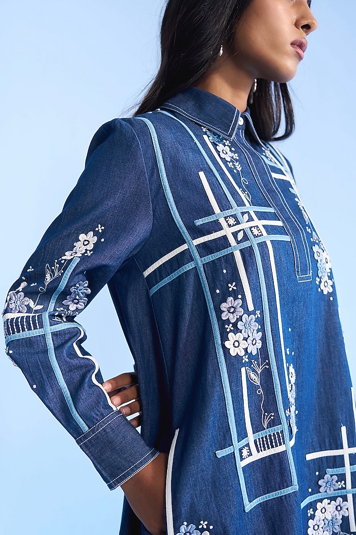Blue Denim 3D Floral Embroidered Mini Dres by Nakateki at Pernia's Pop Up Shop