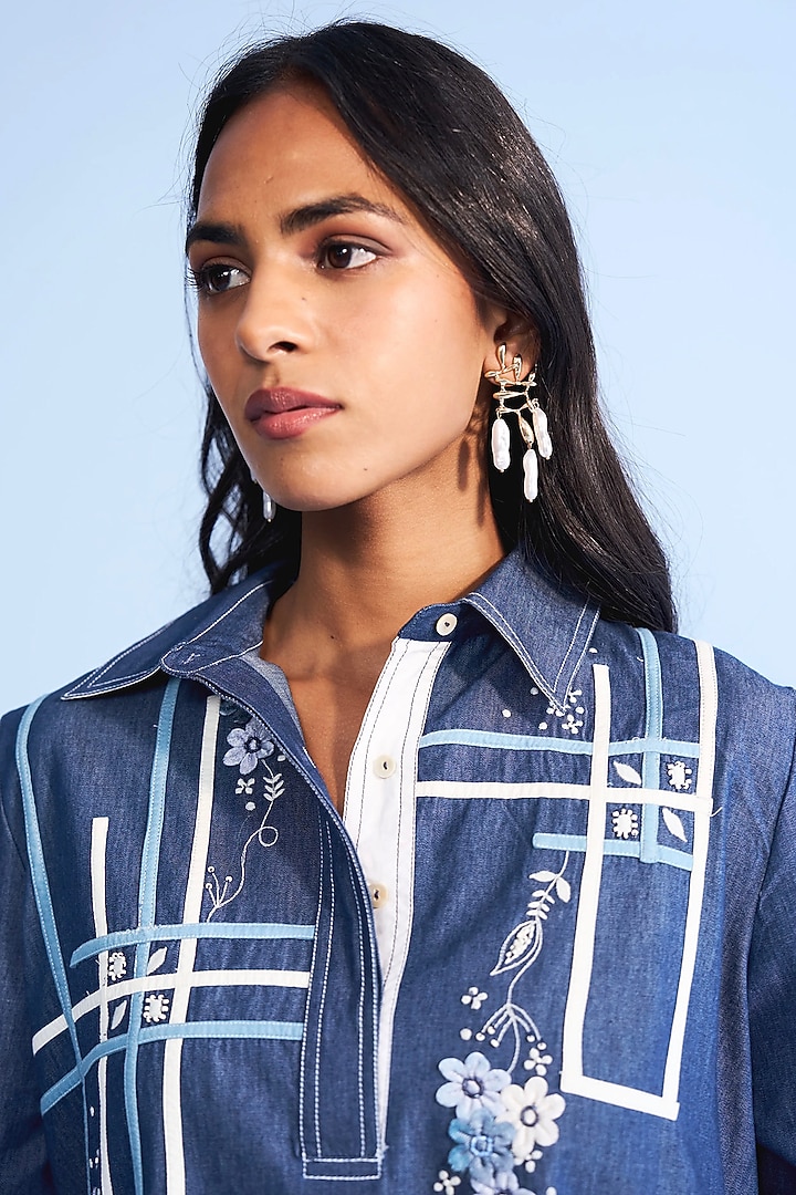 Blue Denim 3D Floral Embroidered Mini Dres by Nakateki at Pernia's Pop Up Shop