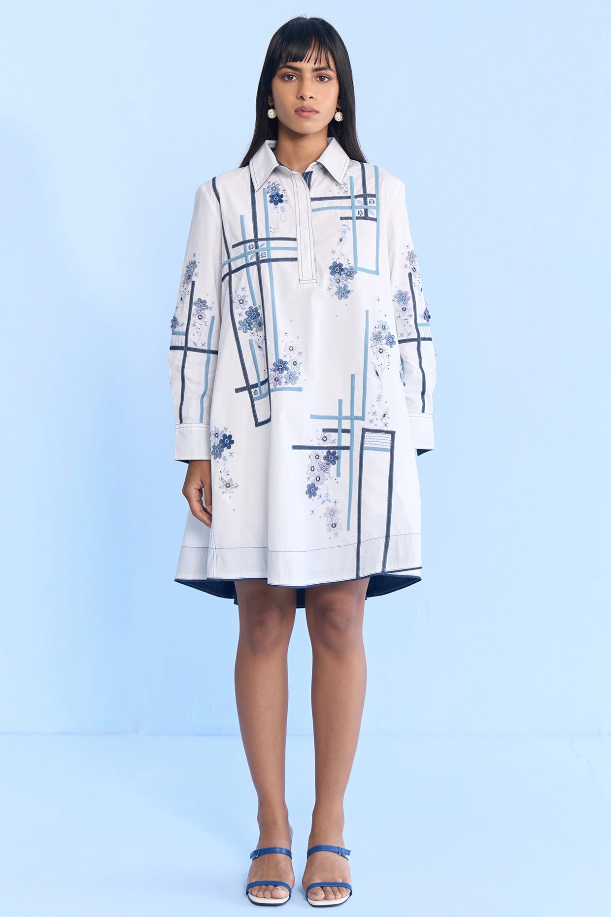 Nakateki White Cotton 3D Floral Embroidered Mini Dres