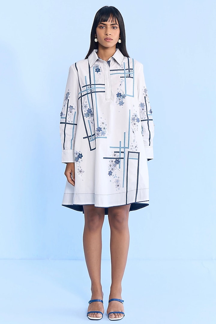 White Cotton 3D Floral Embroidered Mini Dres by Nakateki at Pernia's Pop Up Shop