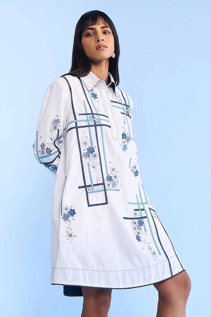 White Cotton 3D Floral Embroidered Mini Dres by Nakateki at Pernia's Pop Up Shop