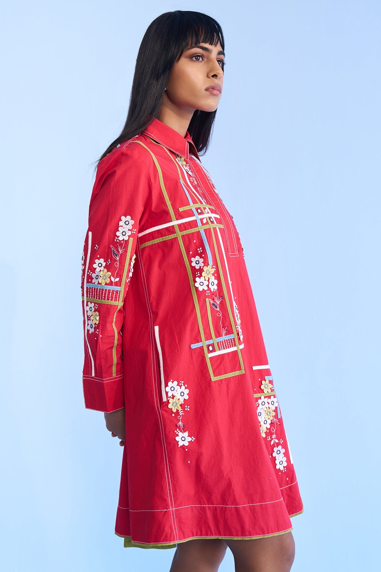 Nakateki Red Cotton 3D Floral Tape Embroidered Shirt Dress