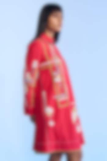 Red Cotton 3D Floral Tape Embroidered Vacation Shirt Dress by Nakateki at Pernia's Pop Up Shop
