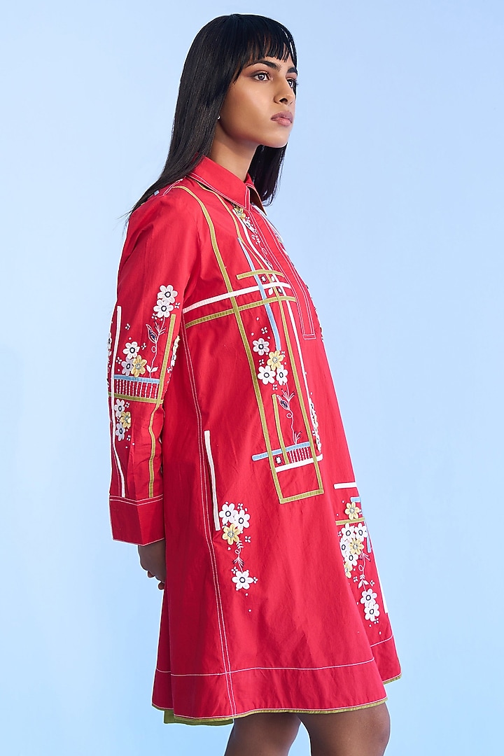 Red Cotton 3D Floral Tape Embroidered Vacation Shirt Dress by Nakateki at Pernia's Pop Up Shop