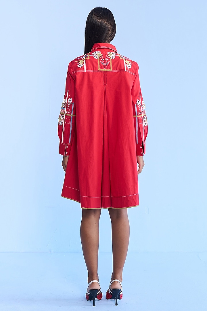 Red Cotton 3D Floral Tape Embroidered Vacation Shirt Dress by Nakateki at Pernia's Pop Up Shop