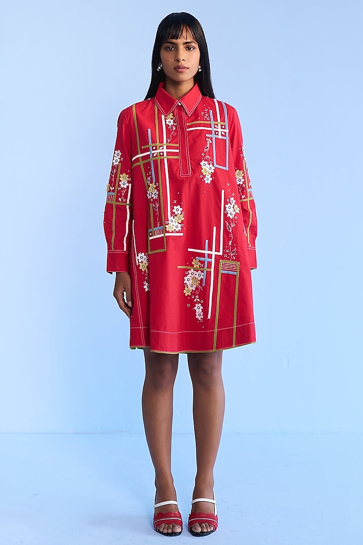 Red Cotton 3D Floral Tape Embroidered Vacation Shirt Dress by Nakateki at Pernia's Pop Up Shop
