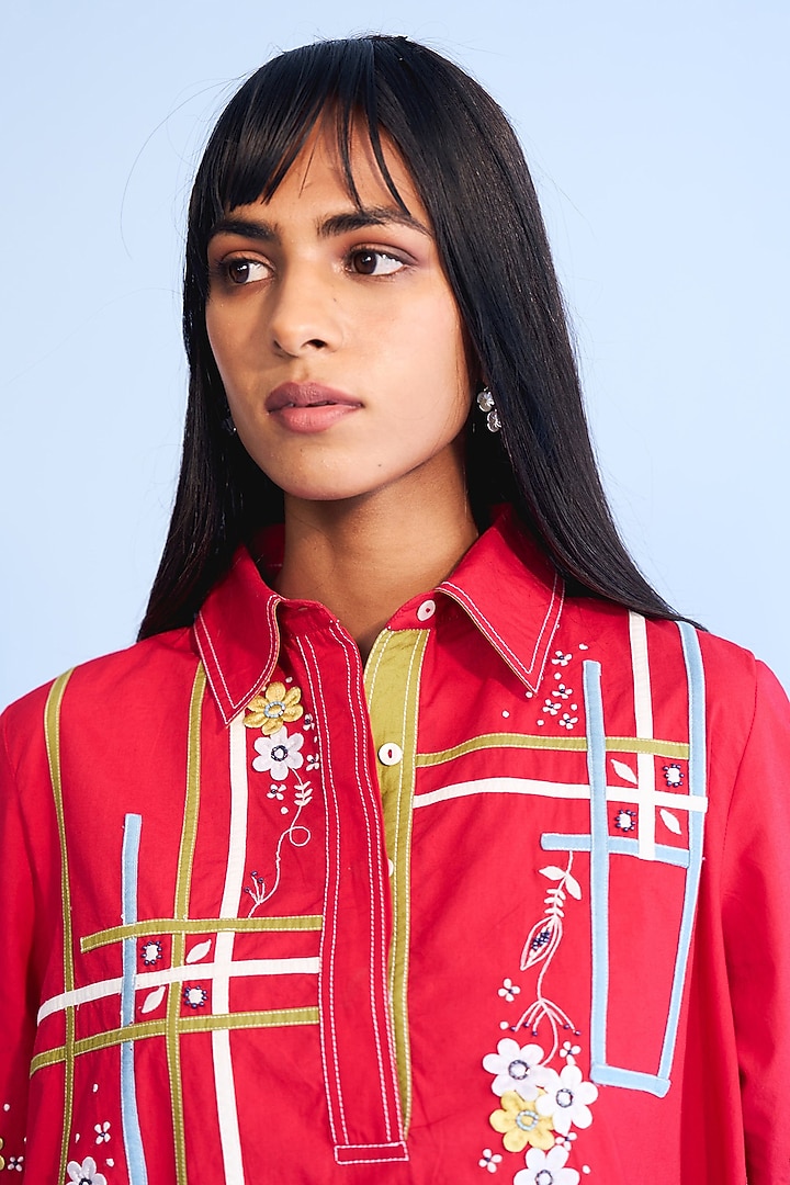 Red Cotton 3D Floral Tape Embroidered Vacation Shirt Dress by Nakateki at Pernia's Pop Up Shop