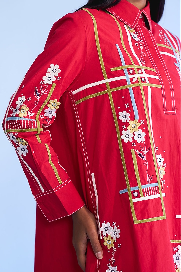 Red Cotton 3D Floral Tape Embroidered Vacation Shirt Dress by Nakateki at Pernia's Pop Up Shop