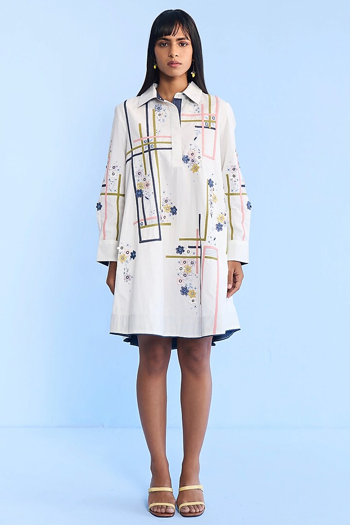 Off-White Cotton 3D Floral Embroidered Vacation Shirt Dress by Nakateki at Pernia's Pop Up Shop