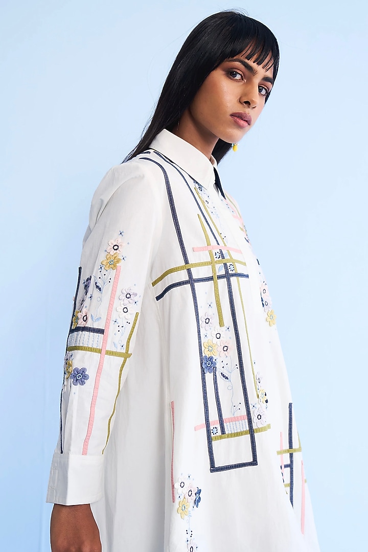 Off-White Cotton 3D Floral Embroidered Vacation Shirt Dress by Nakateki at Pernia's Pop Up Shop