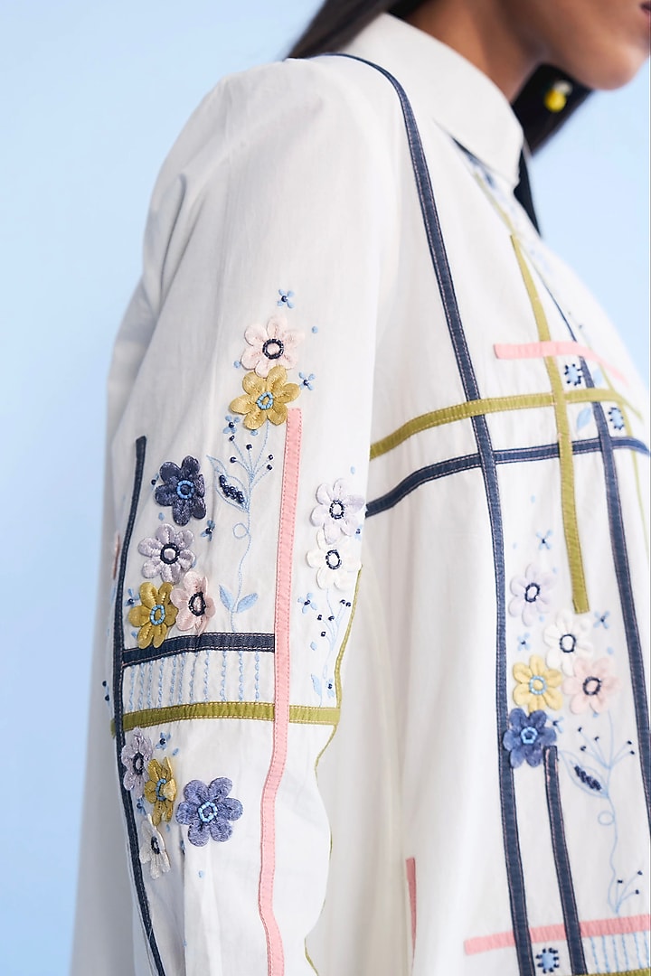 Off-White Cotton 3D Floral Embroidered Vacation Shirt Dress by Nakateki at Pernia's Pop Up Shop