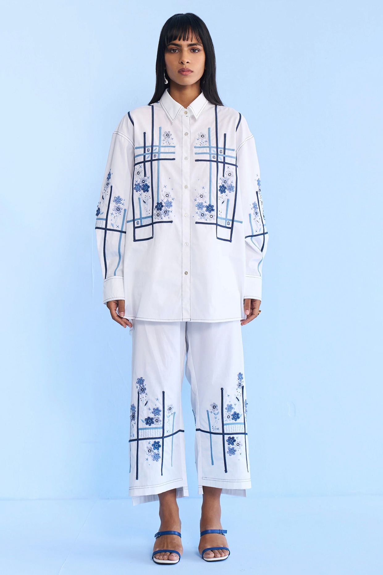 Nakateki White Cotton Tape & 3D Floral Embroidered Co-ord Set