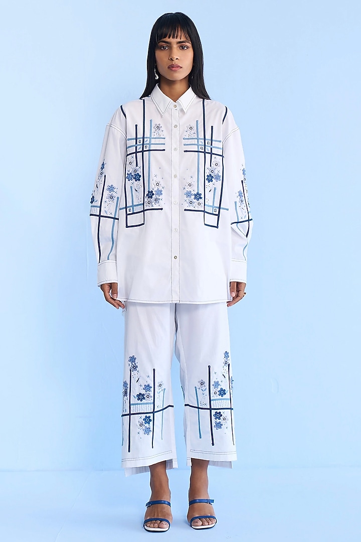 White Cotton Tape & 3D Floral Embroidered Co-ord Set by Nakateki at Pernia's Pop Up Shop