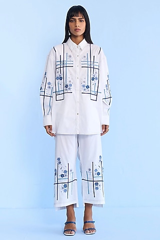 White Cotton Tape & 3D Floral Embroidered Co-ord Set by Nakateki