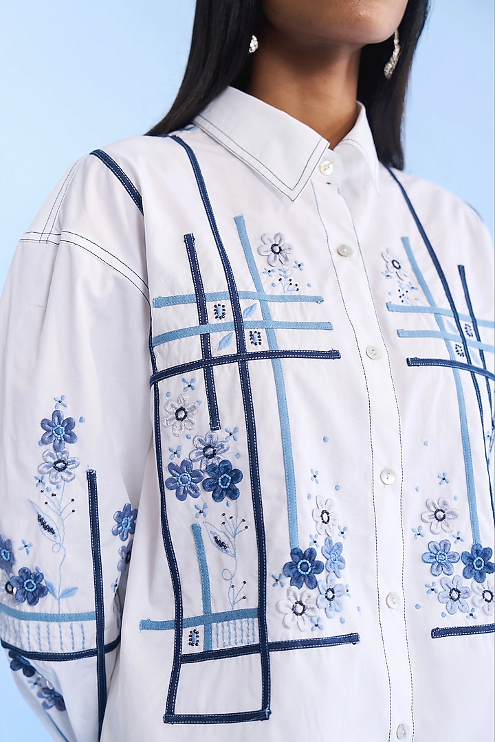 White Cotton Tape & 3D Floral Embroidered Co-ord Set by Nakateki at Pernia's Pop Up Shop