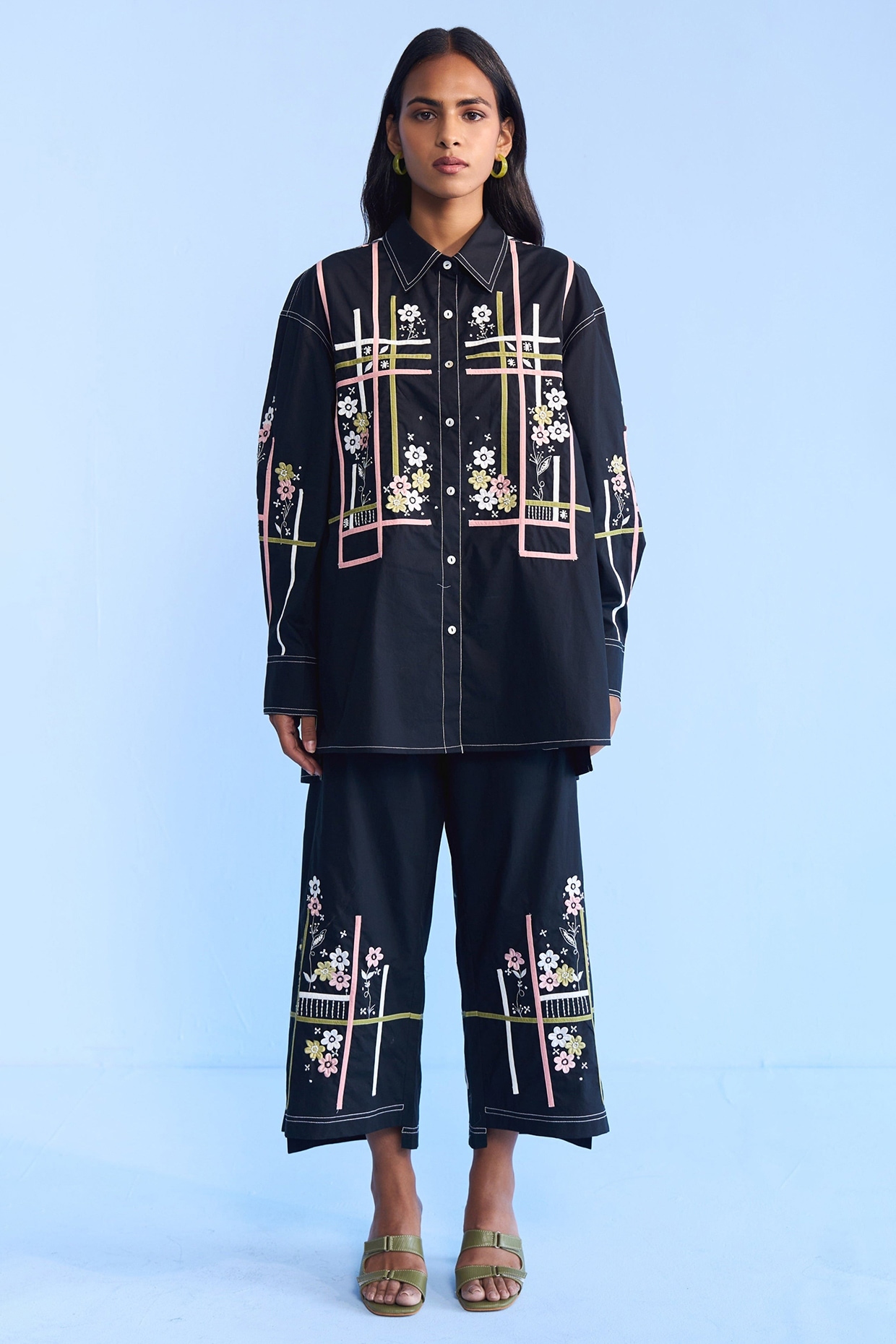 Nakateki Black Cotton Tape & 3D Floral Embroidered Co-ord Set