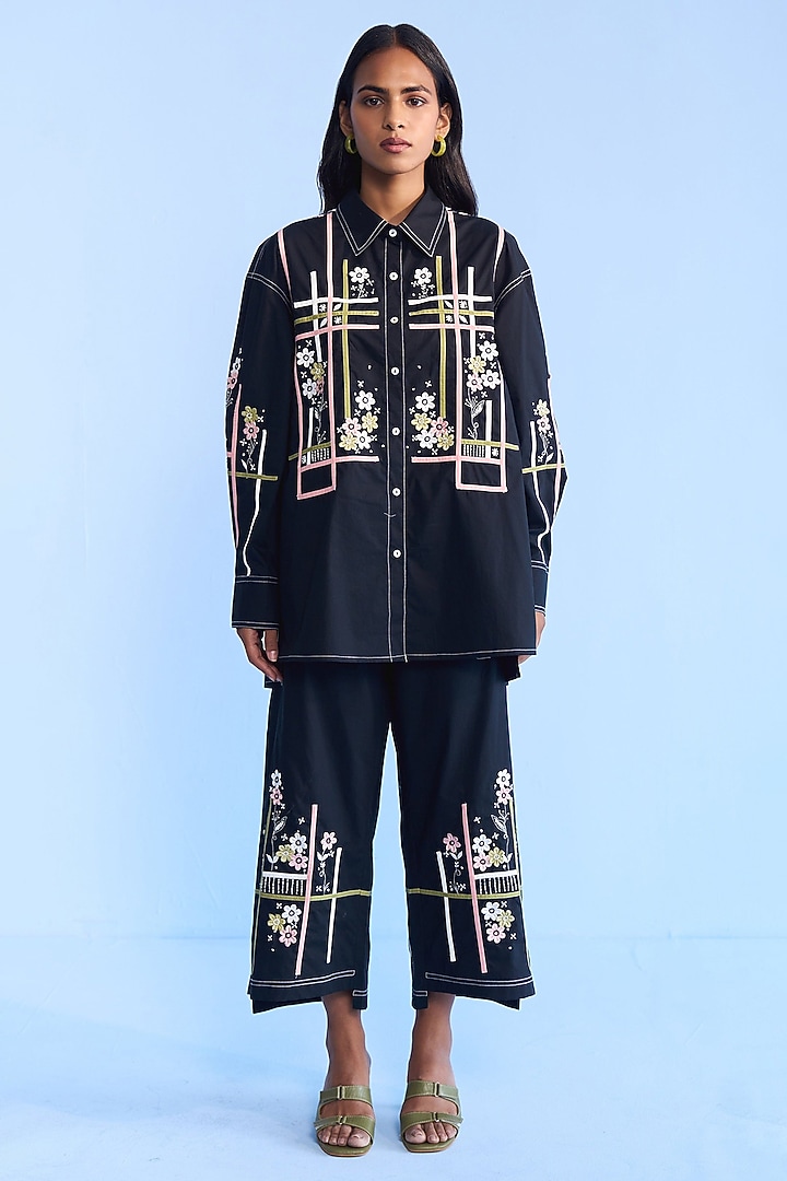 Black Cotton Tape & 3D Floral Embroidered Co-ord Set by Nakateki at Pernia's Pop Up Shop