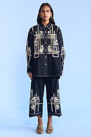 Black Cotton Tape & 3D Floral Embroidered Co-ord Set by Nakateki