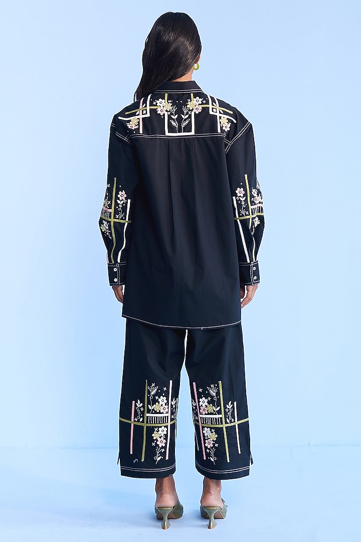 Black Cotton Tape & 3D Floral Embroidered Co-ord Set by Nakateki at Pernia's Pop Up Shop