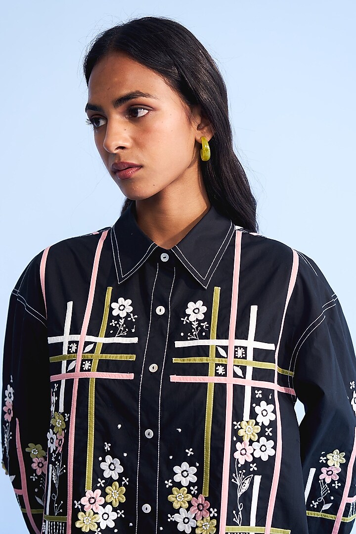 Black Cotton Tape & 3D Floral Embroidered Co-ord Set by Nakateki at Pernia's Pop Up Shop