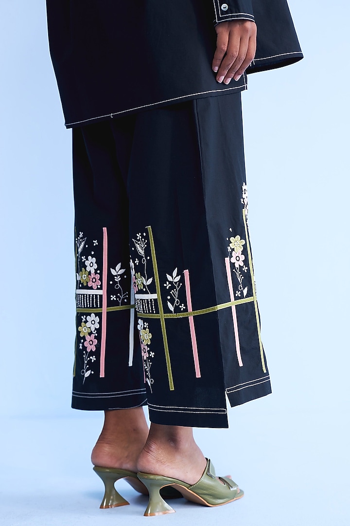 Black Cotton Tape & 3D Floral Embroidered Co-ord Set by Nakateki at Pernia's Pop Up Shop