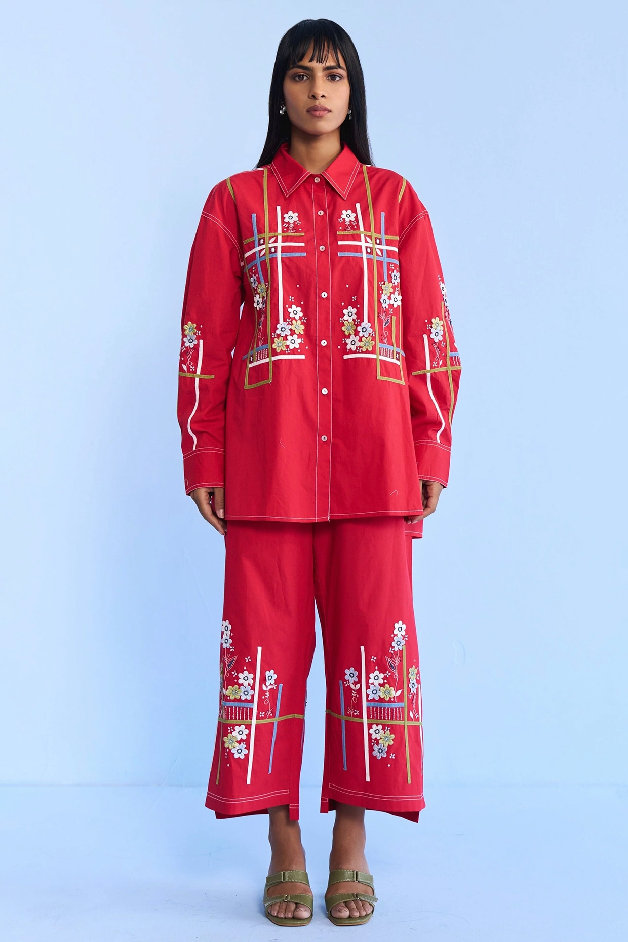 Nakateki Red Cotton Denim Tape & 3D Floral Embroidered Co-ord Set