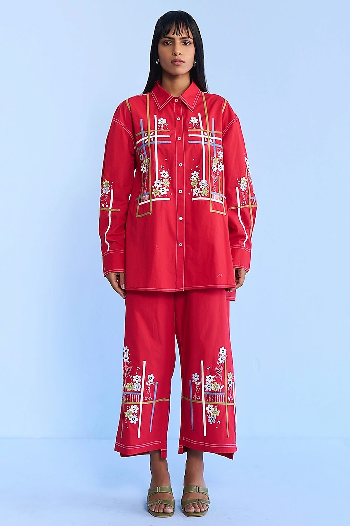 Red Cotton Denim Tape & 3D Floral Embroidered Co-ord Set by Nakateki at Pernia's Pop Up Shop