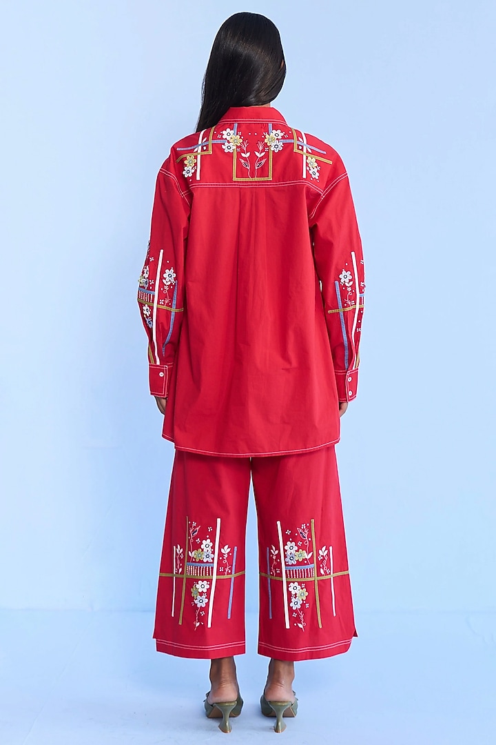 Red Cotton Denim Tape & 3D Floral Embroidered Co-ord Set by Nakateki at Pernia's Pop Up Shop