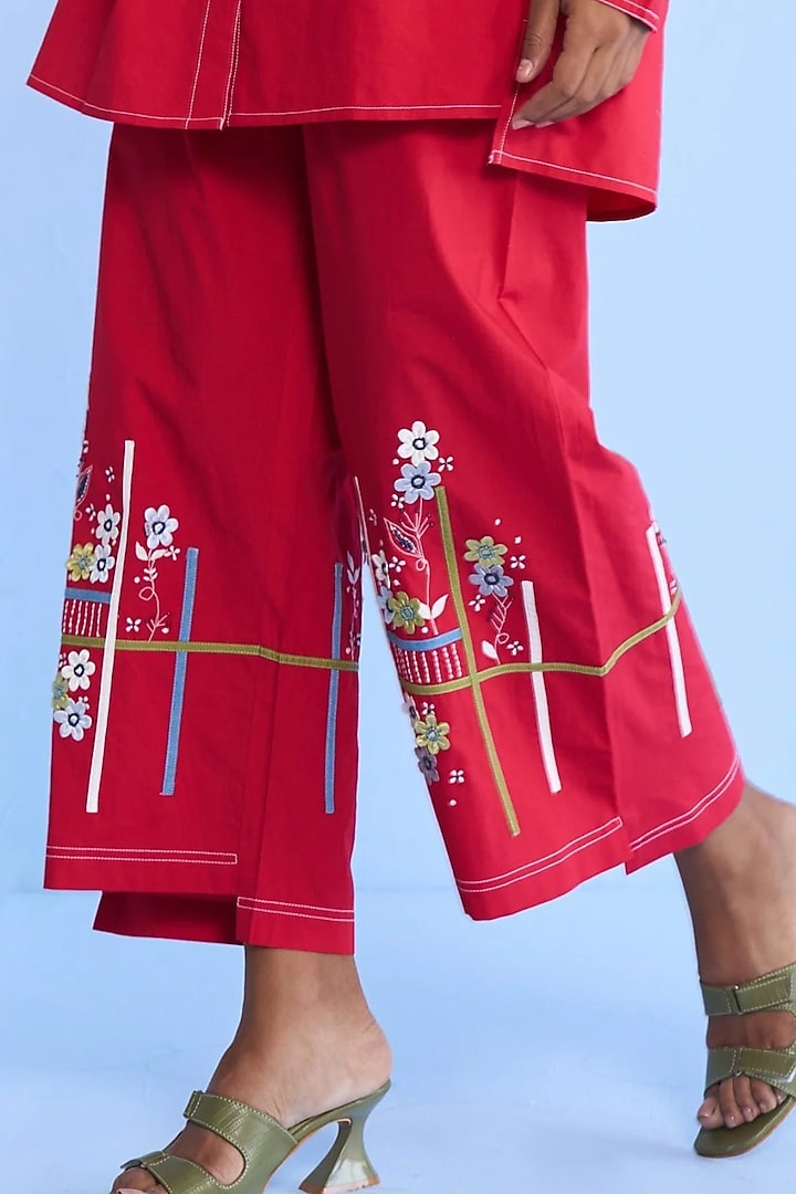 Red Cotton Denim Tape & 3D Floral Embroidered Co-ord Set by Nakateki at Pernia's Pop Up Shop