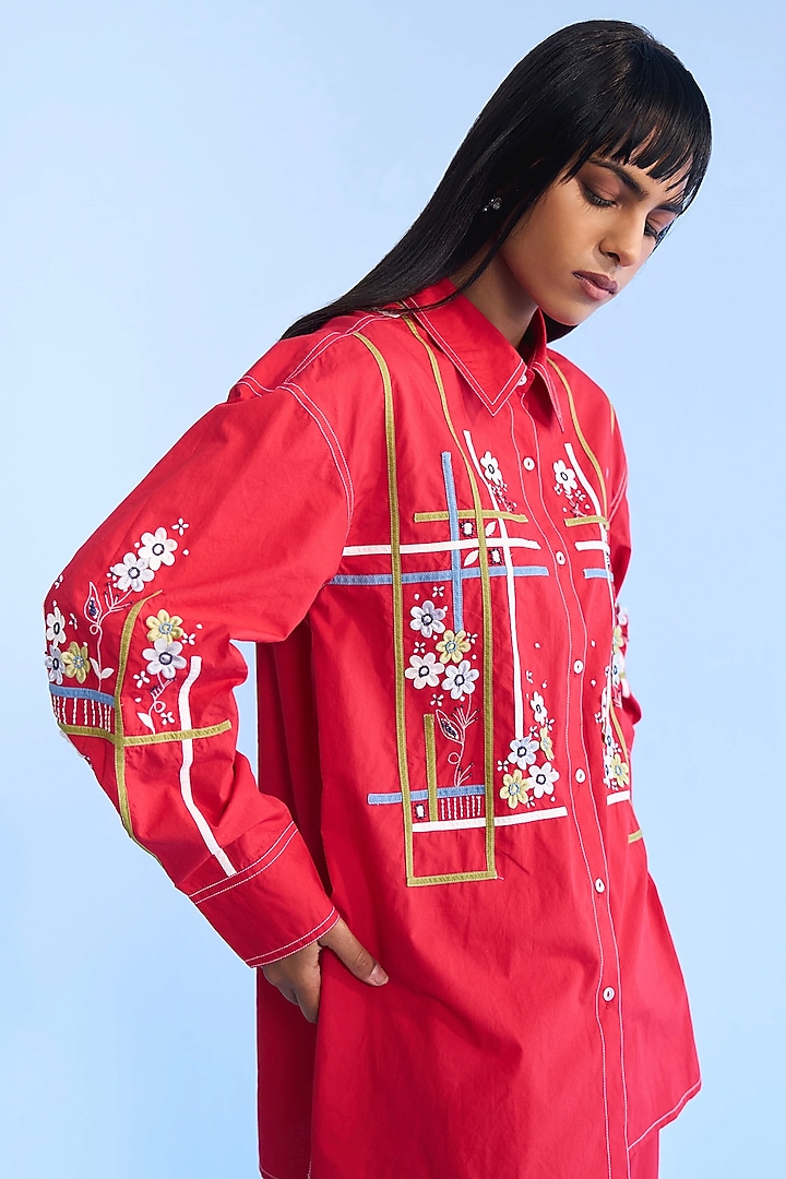 Red Cotton Denim Tape & 3D Floral Embroidered Co-ord Set by Nakateki at Pernia's Pop Up Shop