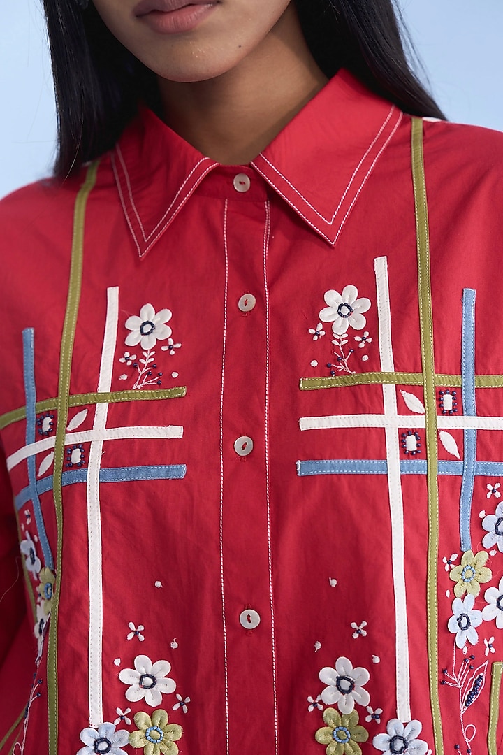 Red Cotton Denim Tape & 3D Floral Embroidered Co-ord Set by Nakateki at Pernia's Pop Up Shop