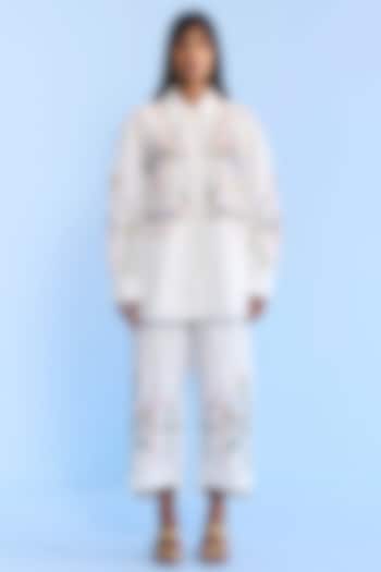 White Denim Floral Embroidered Co-Ord Set by Nakateki at Pernia's Pop Up Shop