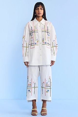 White Denim Floral Embroidered Co-Ord Set by Nakateki