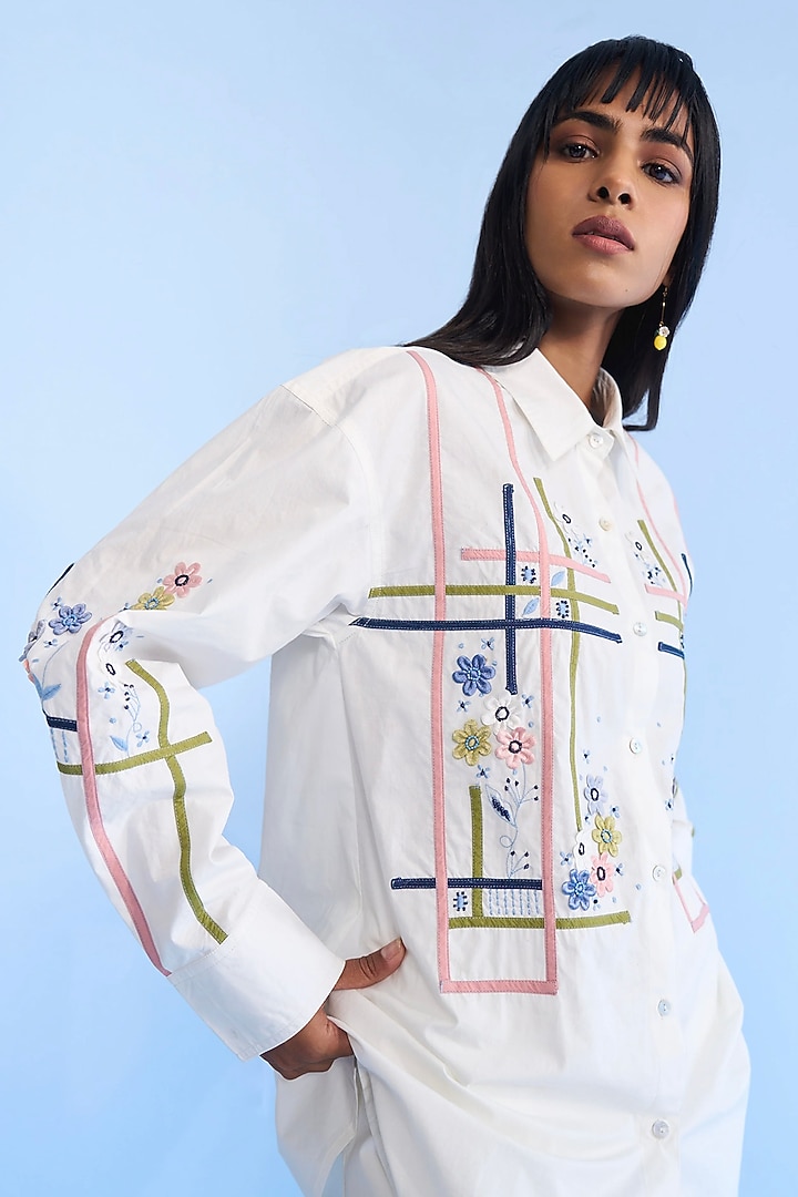 White Denim Floral Embroidered Co-Ord Set by Nakateki at Pernia's Pop Up Shop
