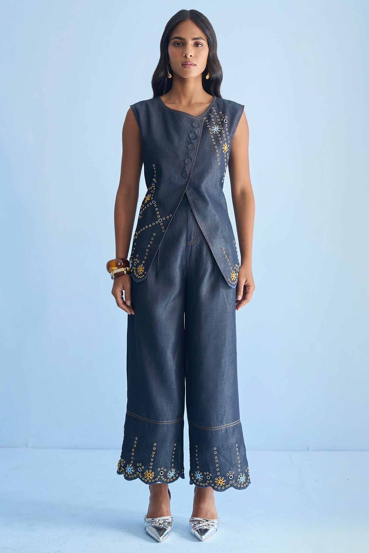 Nakateki Blue Denim Eyelet Embellished Co-ord Set