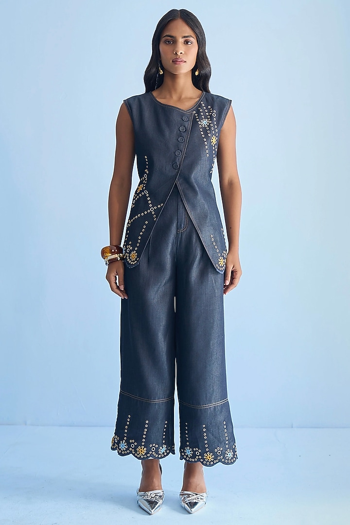 Blue Denim Eyelet Embellished Co-ord Set by Nakateki at Pernia's Pop Up Shop