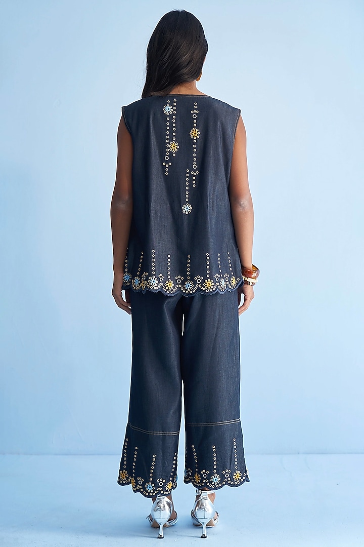 Blue Denim Eyelet Embellished Co-ord Set by Nakateki at Pernia's Pop Up Shop