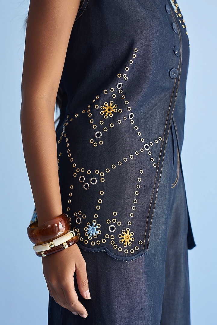 Blue Denim Eyelet Embellished Co-ord Set by Nakateki at Pernia's Pop Up Shop