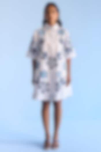 White Cotton Floral Applique Work Flared Shirt Vacation Dress by Nakateki at Pernia's Pop Up Shop