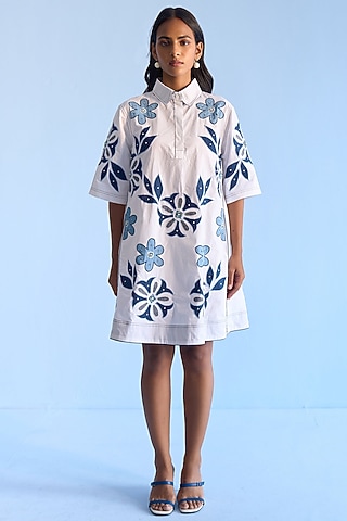 White Cotton Floral Applique Work Flared Shirt Dress by Nakateki