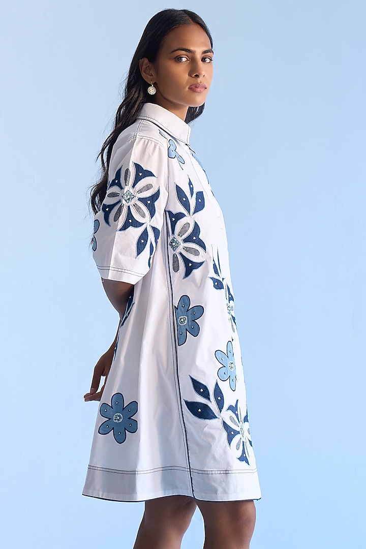 White Cotton Floral Applique Work Flared Shirt Vacation Dress by Nakateki at Pernia's Pop Up Shop