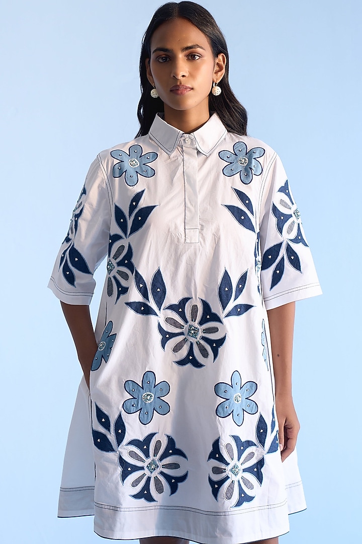 White Cotton Floral Applique Work Flared Shirt Vacation Dress by Nakateki at Pernia's Pop Up Shop