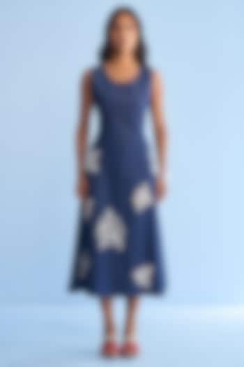 Blue Denim Floral Cutwork & Bead Embroidered Midi Vacation Dress by Nakateki at Pernia's Pop Up Shop