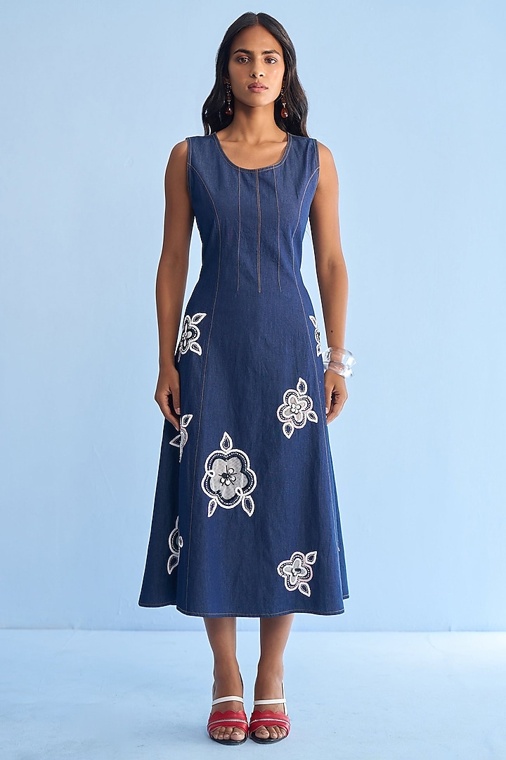 Blue Denim Floral Cutwork & Bead Embroidered Midi Vacation Dress by Nakateki at Pernia's Pop Up Shop