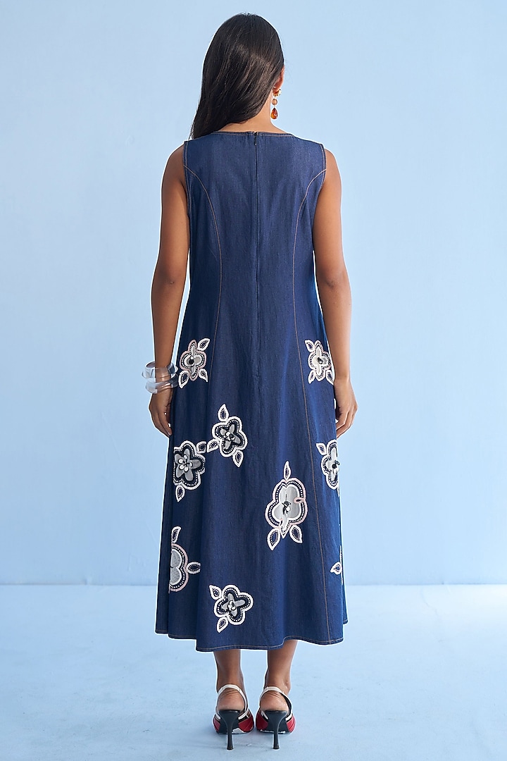 Blue Denim Floral Cutwork & Bead Embroidered Midi Vacation Dress by Nakateki at Pernia's Pop Up Shop