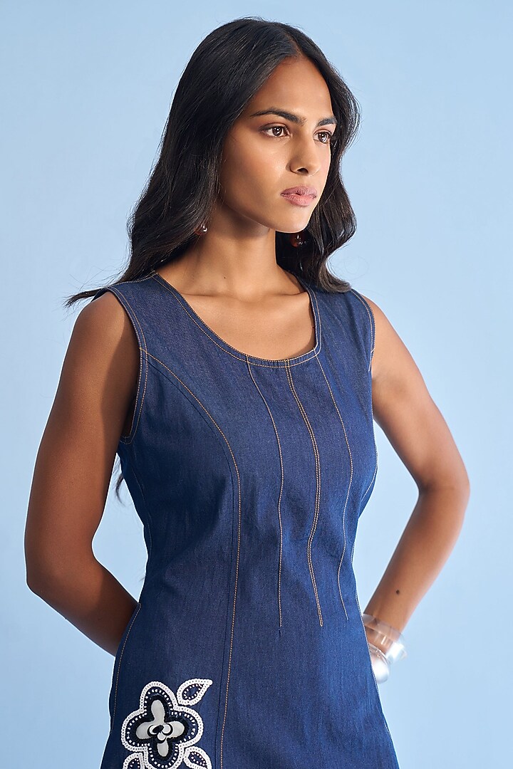Blue Denim Floral Cutwork & Bead Embroidered Midi Vacation Dress by Nakateki at Pernia's Pop Up Shop